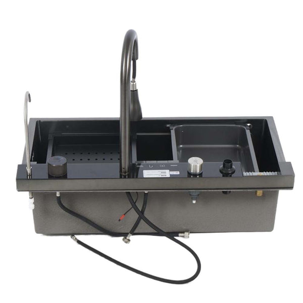 Kitchen Sink Single Bowl Basin Stainless Steel Bar w/Digital Faucet & Cup Washer