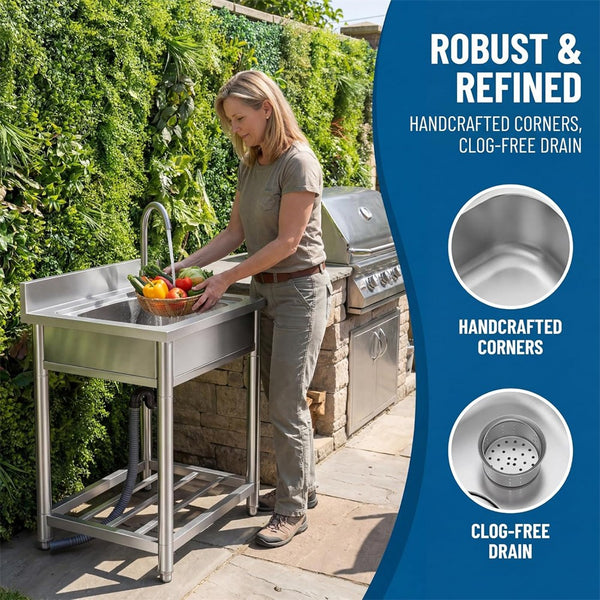 Stainless Steel Commercial Kitchen Sink Free Standing w/ Cold&Hot Water Faucet