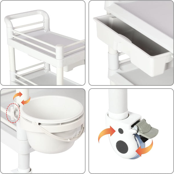 Beauty Trolley Cart with Wheel Esthetician Cart with Handrail, Bucket and Drawer