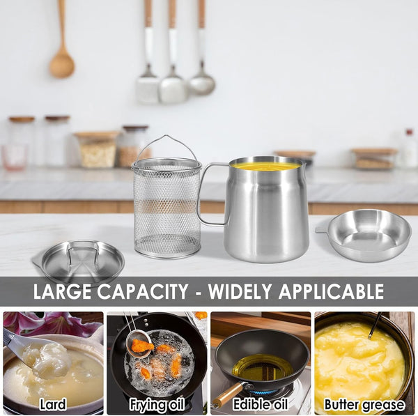 2L Stainless Steel Oil Filter Pot Deep Fryer Pot Oil Tank Kettle for Oil Storage