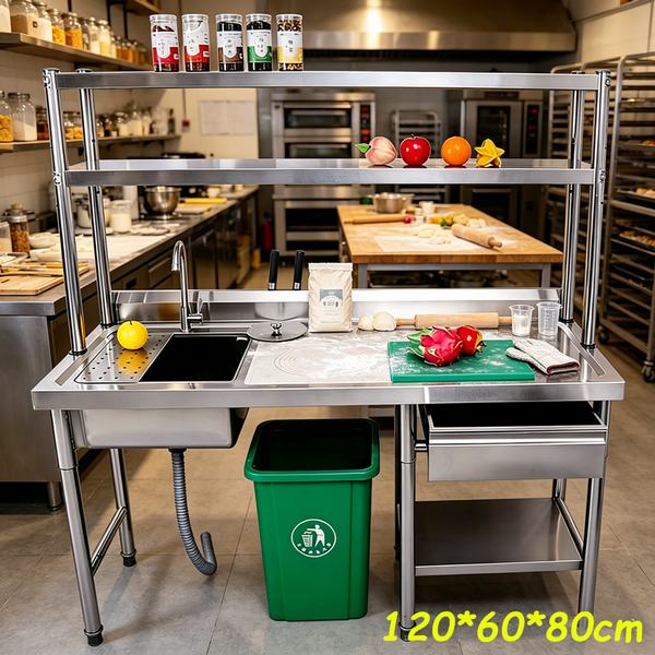 Stainless Steel Sink Kitchen Work Benches Table Washing Basin with Drawer & Rack
