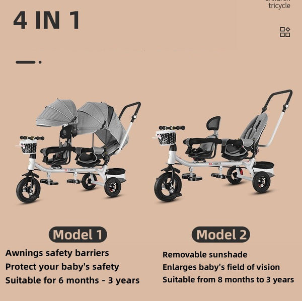 Twins Stroller Pram Tricycle Baby Double Seat Tandem Kids Toddler Ride-On Toy