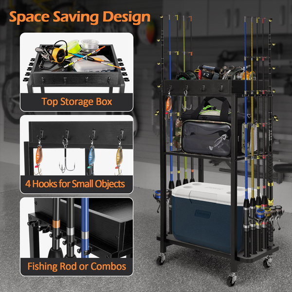 10-Rod Fishing Rod Holder Storage Rack with Wheels Fishing Pole Stand For Garage