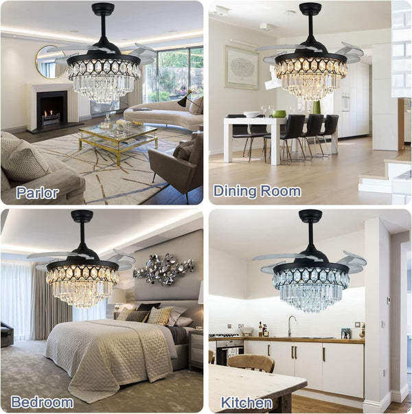 42" Crystal Ceiling Fan Lights with Remote 6 Wind Speed Crystal Chandelier Fan