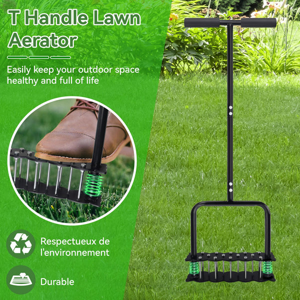 Manual Lawn Aerator Tool 14 Metal Spikes Grass Soil Aerator Ergonomic T-Handle