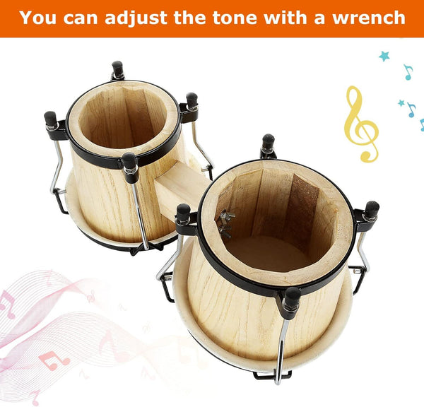 Bongo Drums 6”7” Wood Percussion Bongos for Kids Adults Beginners Natural Finish