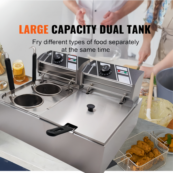 Commercial Electric Deep Fryer Benchtop Pasta Cooker w/ 2 Noodles Filters 6L+6L