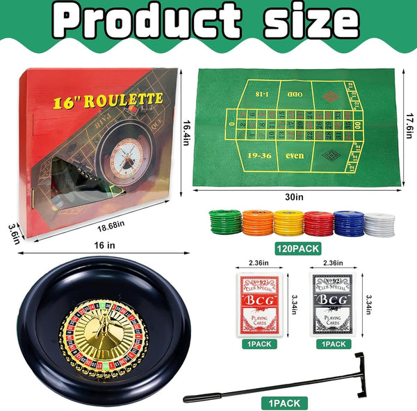 16" Roulette Wheel Set with Felt Chips Cards Rake for Casino Games Deluxe Poker