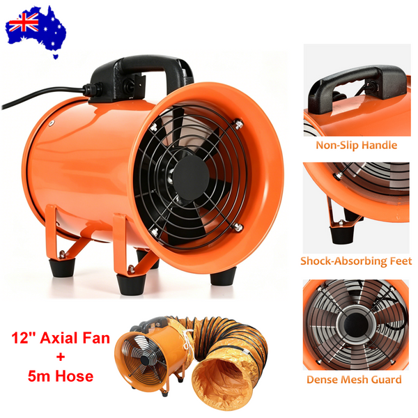 12'' Pipe Axial Fan Portable w/ 5m Hose&Handle Exhaust Fan for Spray Booth Paint