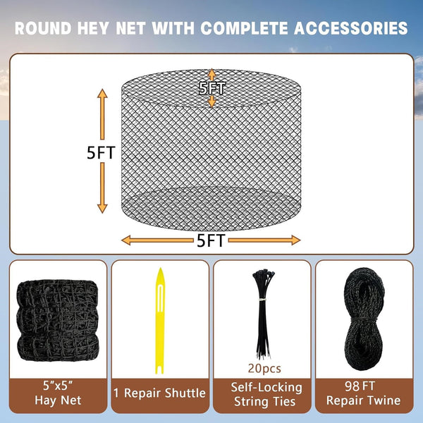 Knotless 5x5ft Round Bale Horses Hay Net 4cm Squares for Livestocks Slow Feeder