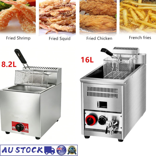 16L /8.2L Commercial LPG Gas Fryer w/Fryer Basket Deep Single Tank Frying Tool