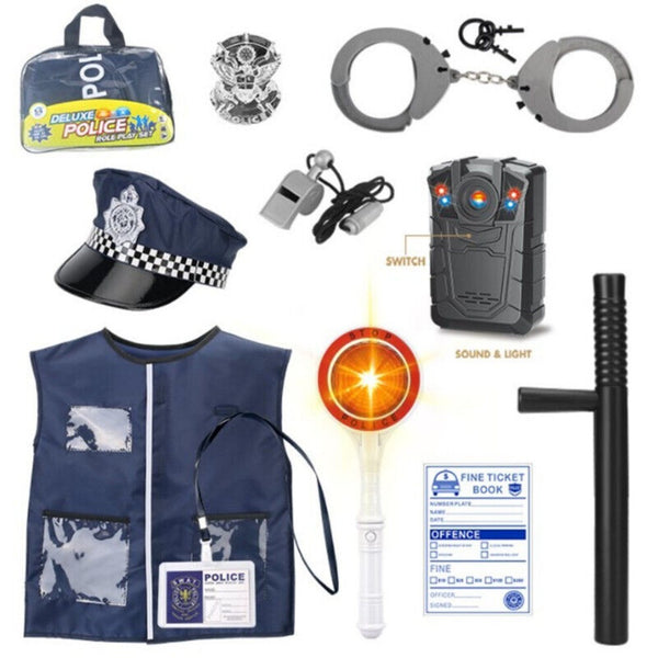Police Cosplay Uniform Shirt Hat Whistle Costume Suit Birthday Gift For Kids AU