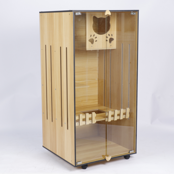 Luxury Cat Villa Wood Cat House Indoor Cat Cage Pet Exhibit Cabinet Clear Glass