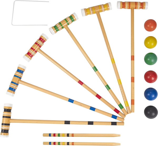 Classic Croquet Set Up to 6 Players Six Colour Coded Mallets Handles and Balls