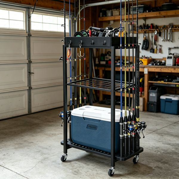 10-Rod Fishing Rod Holder Storage Rack with Wheels Fishing Pole Stand For Garage