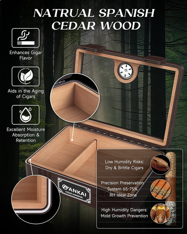 Cigar Humidor Glass Top Cigar Case with Cutter,Punch Tool,Humidifier &Hygrometer