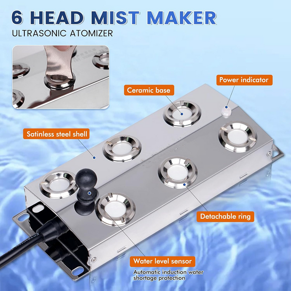 Ultrasonic Mist Maker 6 Head Pond Fogger with 250W Power Supply for Pond Garden