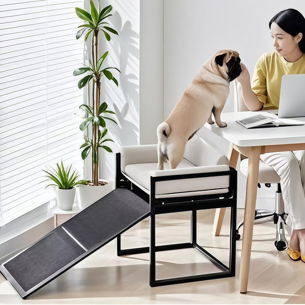 Pet Bunk Bed Sofa with Foldable Ramp Dog/Cat Window Perch With Stair Light Beige