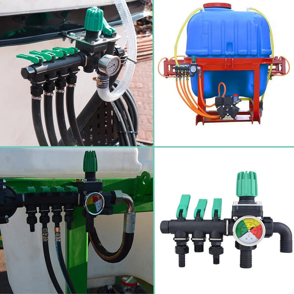 3 Way Hose Splitter Valve Agricultural Sprayer Control Shut Off  Pressure Gauge