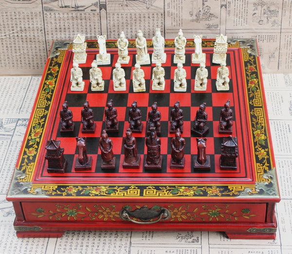 Antique Chinese Terra-Cotta Warriors Chess Set Wooden Chess Board Pieces Gifts