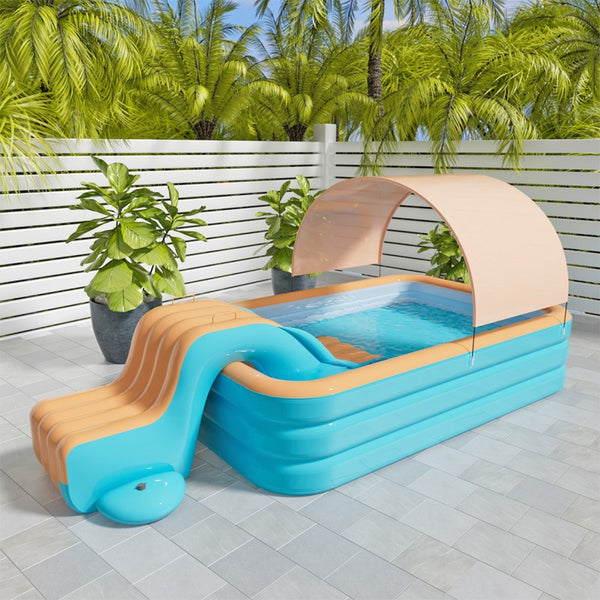 118" Inflatable Swimming Pool with Sun Shade Large Slide Kits Kids Water Playing