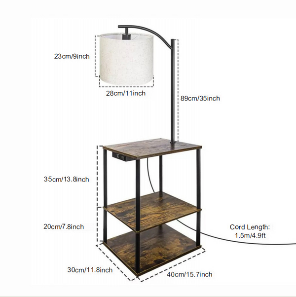 Standing End Side Table Floor Lamp 3-Tier Storage Shelves with Charging Station