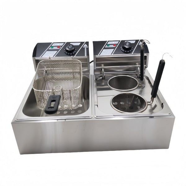 Commercial Electric Deep Fryer Benchtop Pasta Cooker w/ 2 Noodles Filters 6L+6L