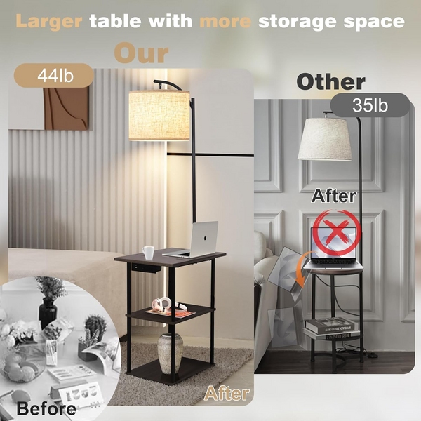 Standing End Side Table Floor Lamp 3-Tier Storage Shelves with Charging Station