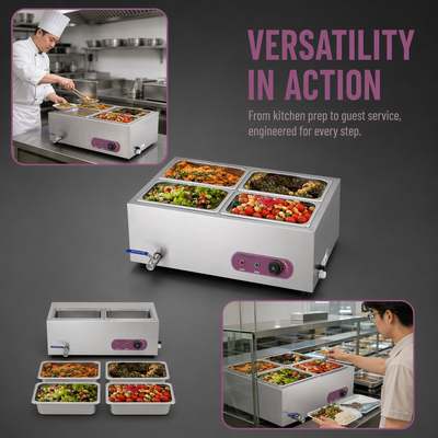 Commercial Food Warmer Bain Marie Electric 4 Buffet Pans 304 Stainless Steel