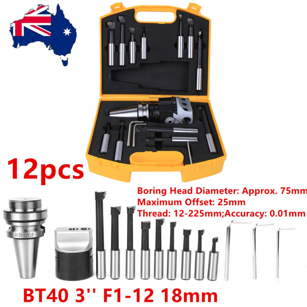 3" Boring Head With BT40 1-1/2"-18 Shank & 12Pcs Carbide Boring Bar For Milling