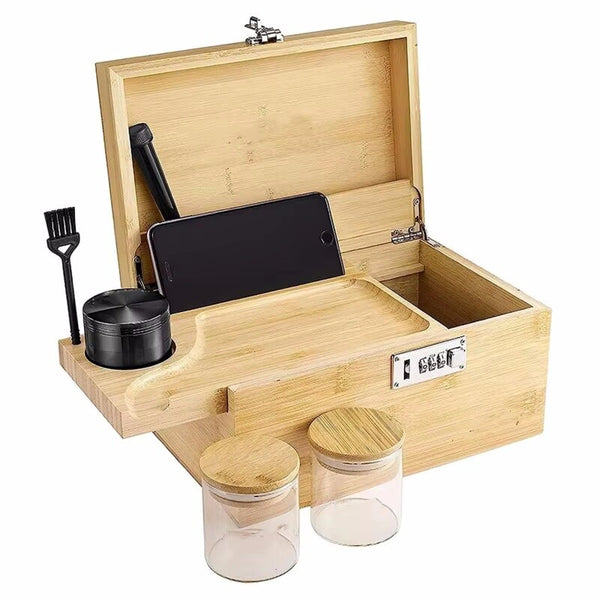 Bamboo Locking Storage Stash Box Bundle ockable Herbal Supply Kit w/ Accessories