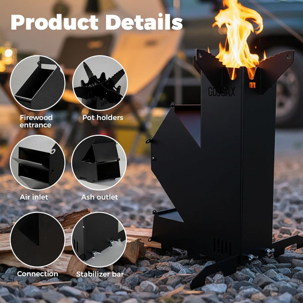 Rocket Stove for Cooking Portable Wood Fire Burning Camping Backyard Cooking BBQ