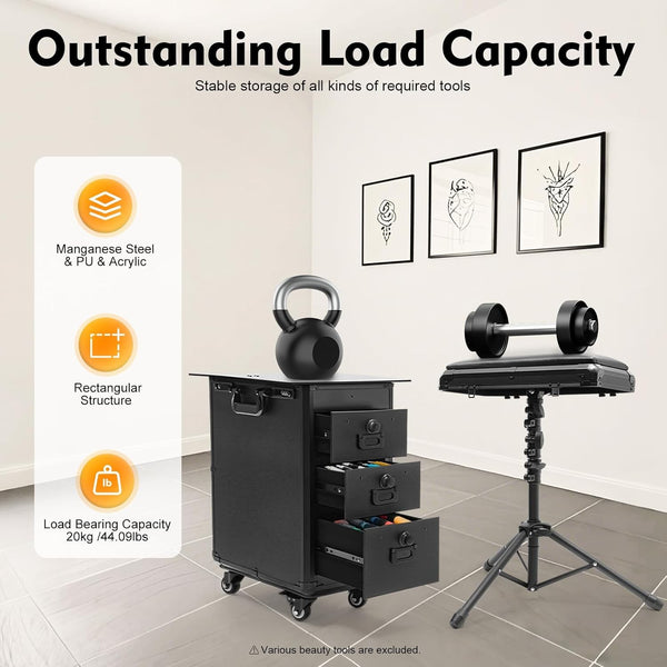 Tattoo Travel Case 5 In 1 Rolling Makeup Workstation with Armrest Stand 3 Drawer