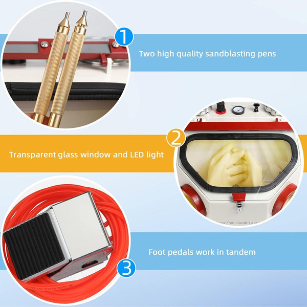 Twin-Pen Sandblaster With Led and Glass Window For Surface Treatment of Material