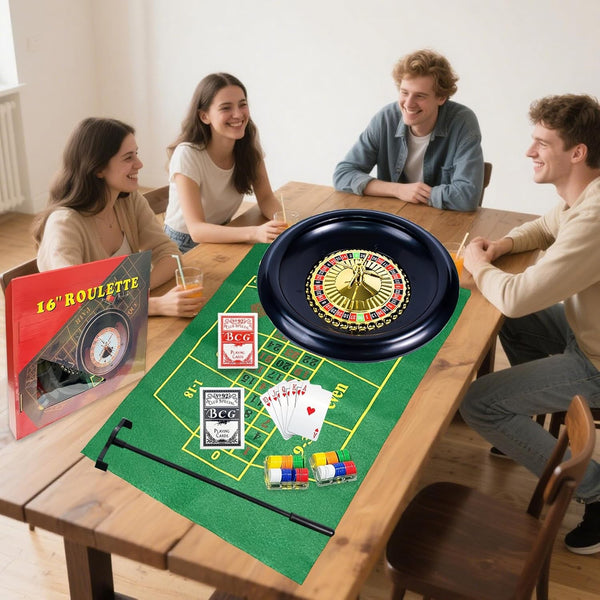 16" Roulette Wheel Set with Felt Chips Cards Rake for Casino Games Deluxe Poker