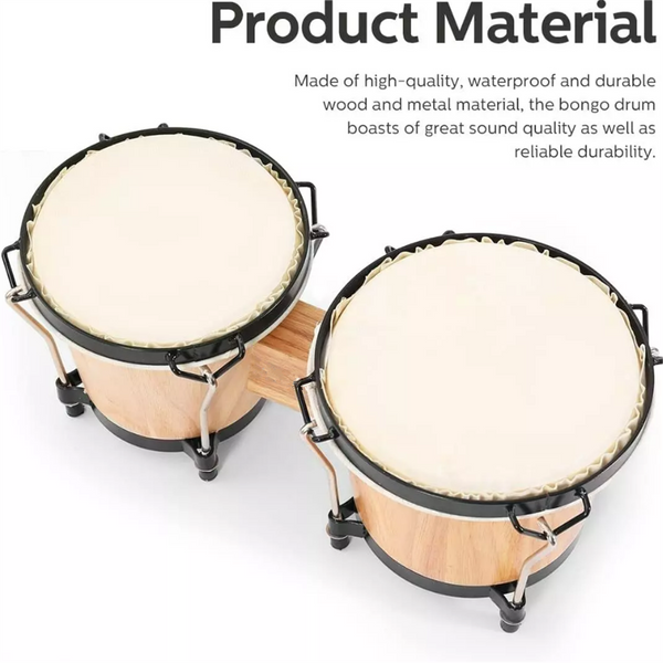 Bongo Drums 6”7” Wood Percussion Bongos for Kids Adults Beginners Natural Finish