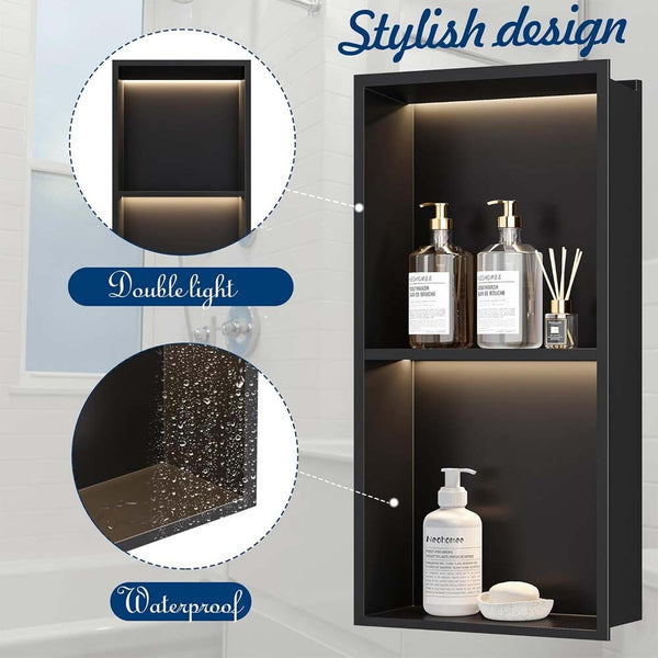Shower Niche With LED Light Strips Shower Cabinet Bathroom Shelf 700x280x125mm