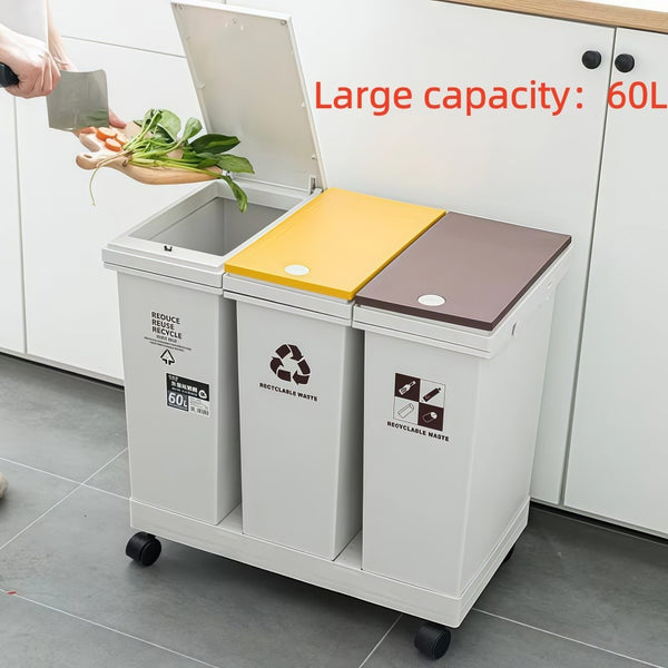 60L Removable Rubbish Bin 3 Compartment Trash Can Waste Rubbish Recycling