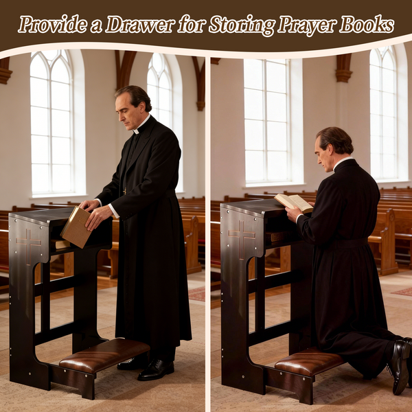 Wood Prayer Bench Stool Kneeler with Shelf and Cushion Church Prayer Table Chair