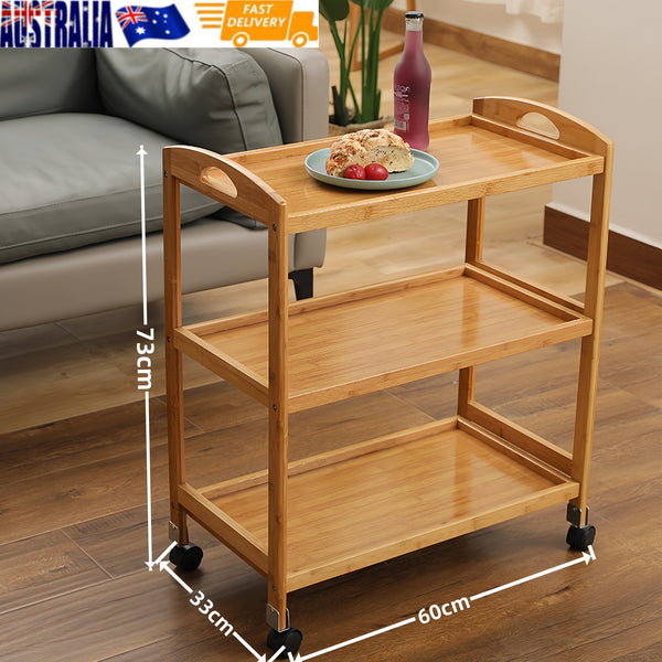Solid Wood 3 Tier Shelf Serving Table with Wheels Bar Cart Kitchen Storage Cart