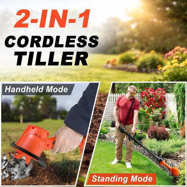 2-in-1 Cordless Cultivator Tiller Rotary Hoe Electric Rototiller with 2 Battery