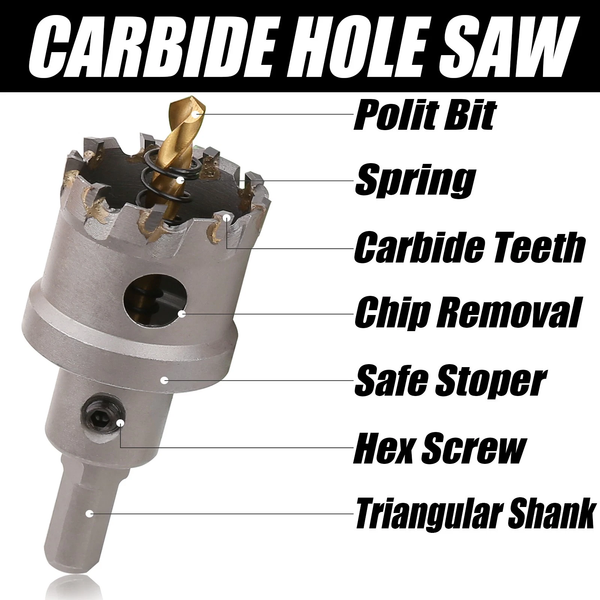 6 PCS 22-65mm Carbide Tip TCT Drill Bit Hole Saw Set for Metal Stainless Steel