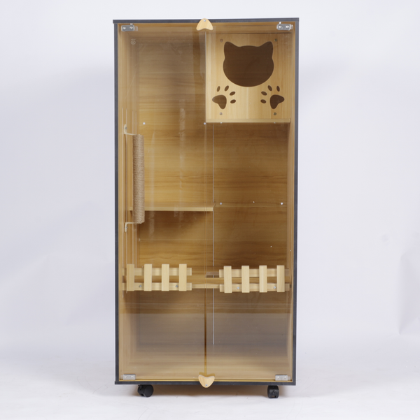 Luxury Cat Villa Wood Cat House Indoor Cat Cage Pet Exhibit Cabinet Clear Glass