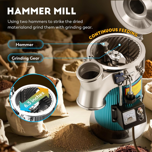 2000W Industrial Auto Continuous Hammer Grain Mill Grinder Herb Grinder 20Kg/h