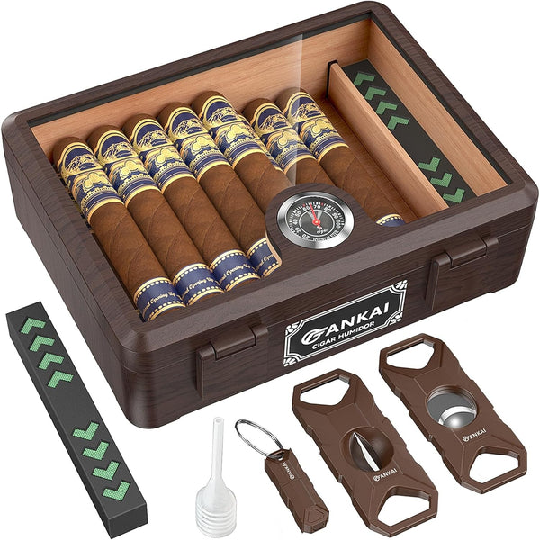 Cigar Humidor Glass Top Cigar Case with Cutter,Punch Tool,Humidifier &Hygrometer