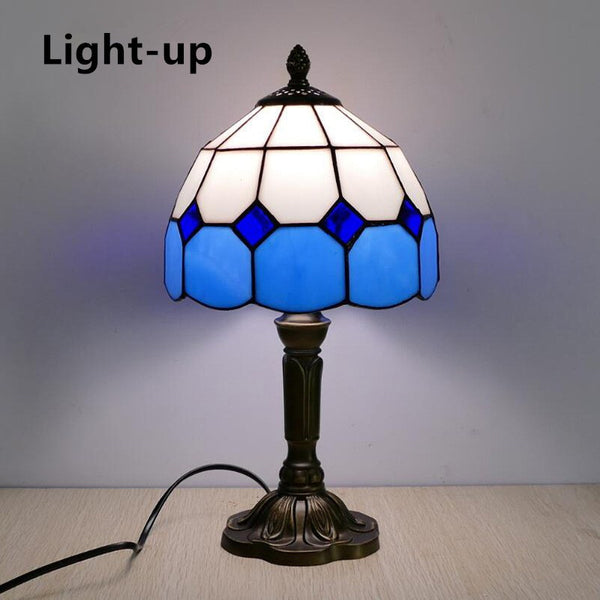 Vintage Tiffany Table Lamps 8" Stained Glass Table Lamp Blue White Lattice Style