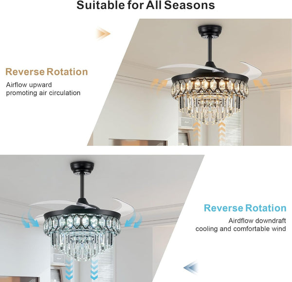 42" Crystal Ceiling Fan Lights with Remote 6 Wind Speed Crystal Chandelier Fan