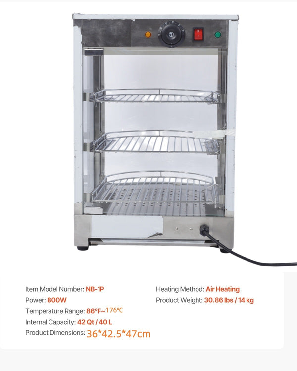 3-Tier Commercial Food Warmer Display 30-80℃ Hot Dog Pizza Showcase Cabinet 800W