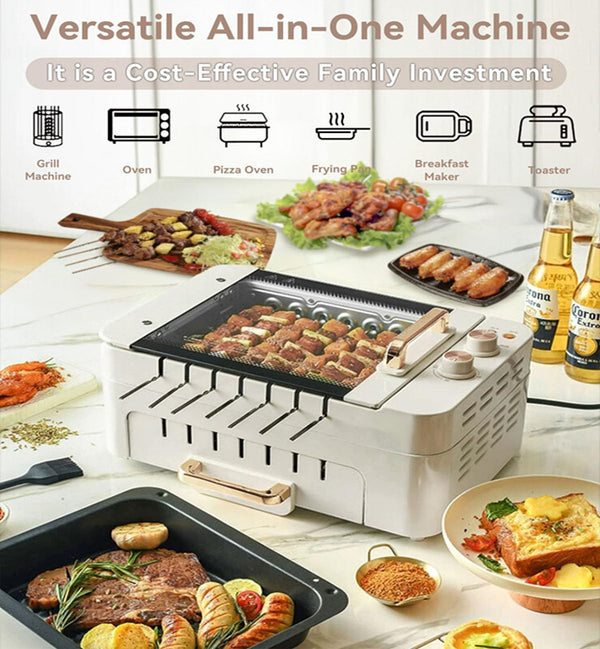 1000W Smokeless BBQ Grill Stove Auto Rotating Skewers Barbecue Grill Baking Pan