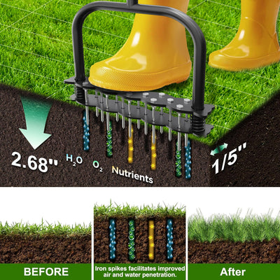 Manual Lawn Aerator Tool 14 Metal Spikes Grass Soil Aerator Ergonomic T-Handle